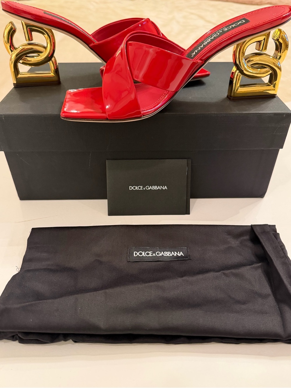 Dolce & Gabbana Red Patent Leather Slide Sandals with Gold Logo Heels